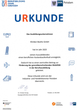 Kliniken Beelitz - IHK-Auszeichnungsurkunde